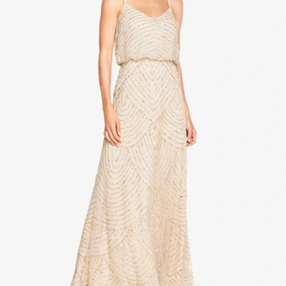 adrianna papell beaded spaghetti strap dress Adrianna Papell White Sequin Beaded Flowing Spaghetti Strap Formal Gown  Dress